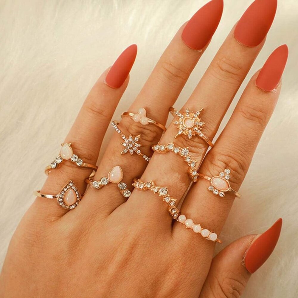 9-15PCS Knuckle Stacking Rings Set for Women Crystal Rhinestone Finger Statement - Picture 3 of 7